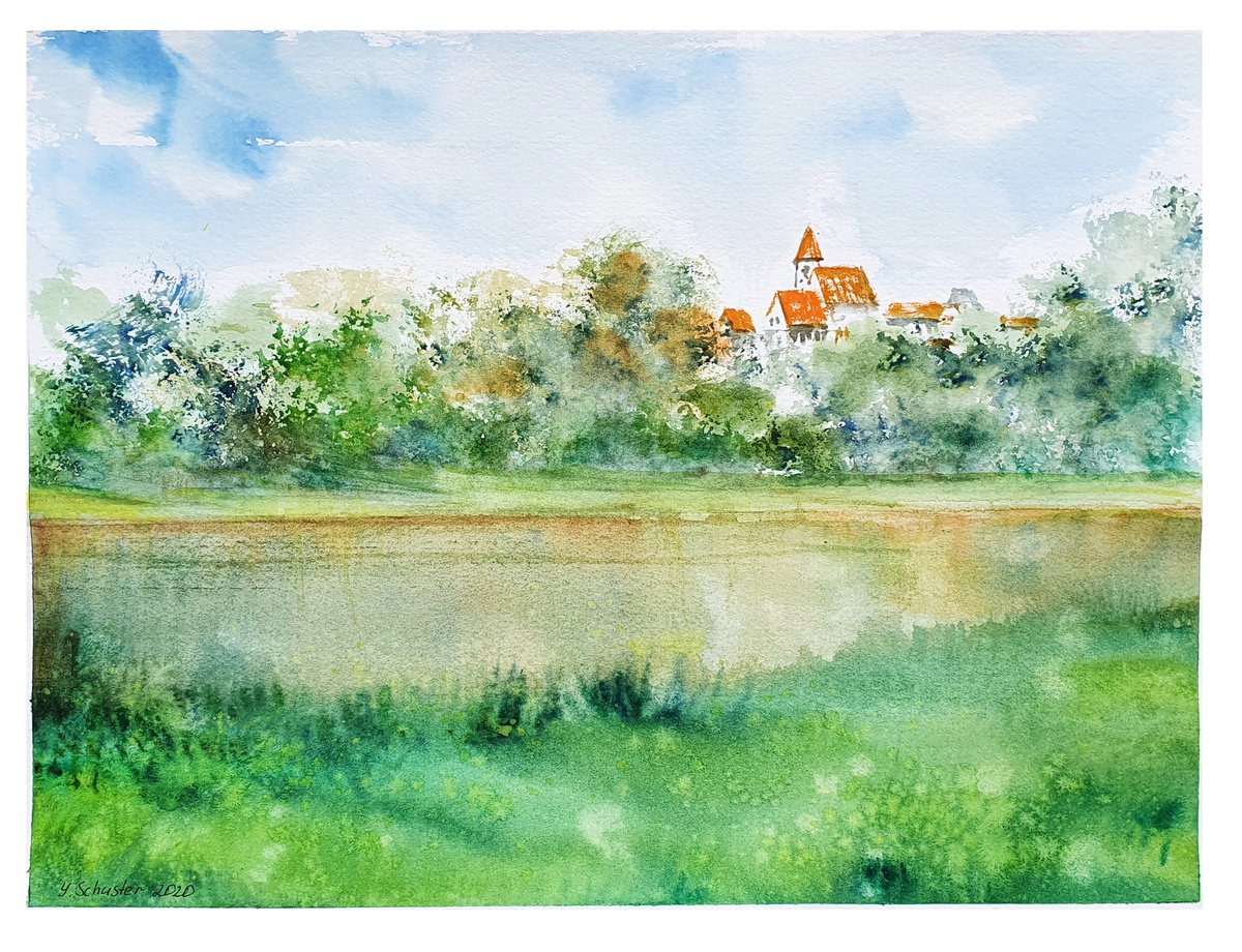 Impressionistic Landscape Watercolour By Yulia Schuster, 12 X 9", Morning By The River, Original Artwork