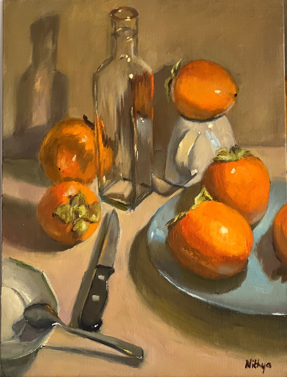 Large Vibrant Still Life Painting - Persimmon Party by Nithya Swaminathan