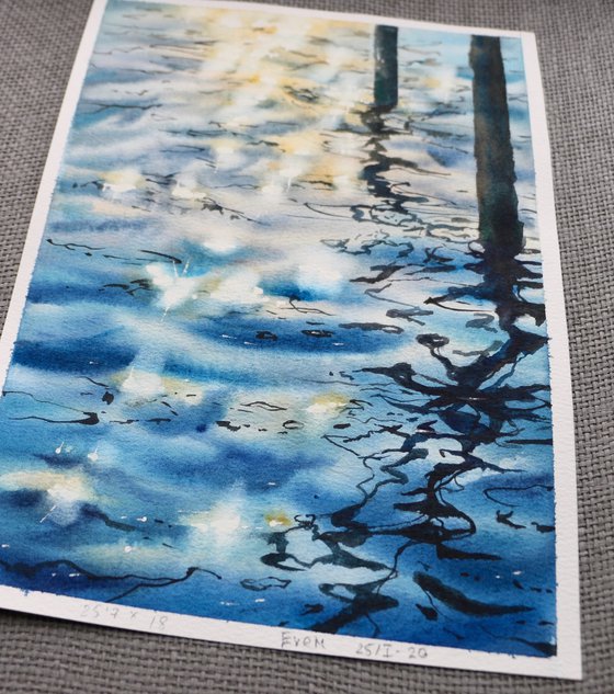 Reflections on the water. Original watercolor artwork.