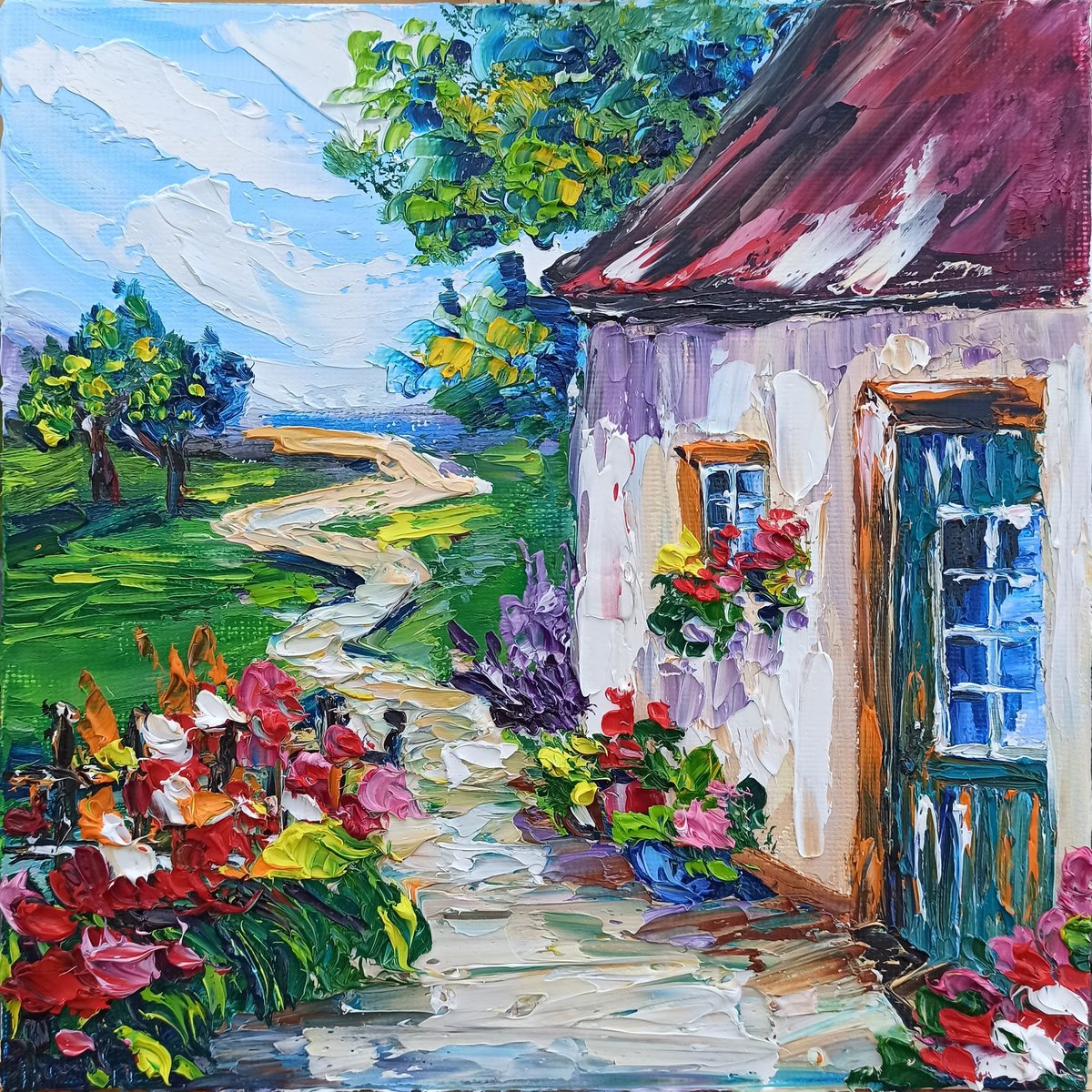 Impressionistic Landscape Oil Painting By Oksana Fedorova, 10 X 10", The Flowers By The House, Original Artwork