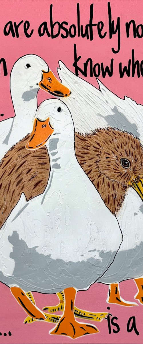 Ducks in a Row Pink Kiwi 61cm x 61cm by DEBORAH LANG