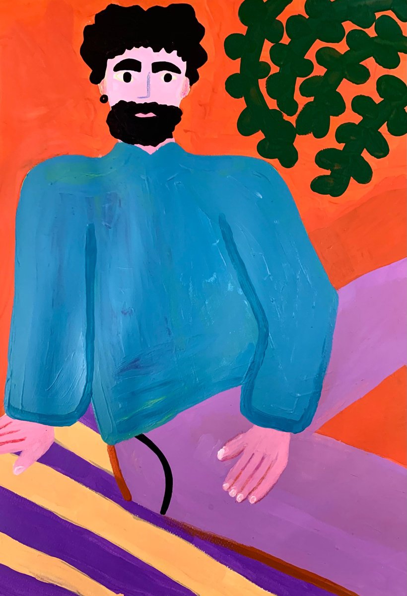 Urban And Pop Portrait Acrylic Painting By Aurora Camaiani, 14 X 20, Man Waiting, Original Artwork