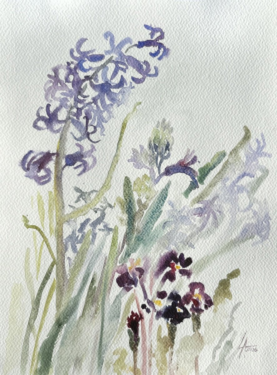 Impressionistic Drawing , Hyacinth And Primroses By Elena Lykhodid, 9 X 13, Artwork For Sale On Artfinder