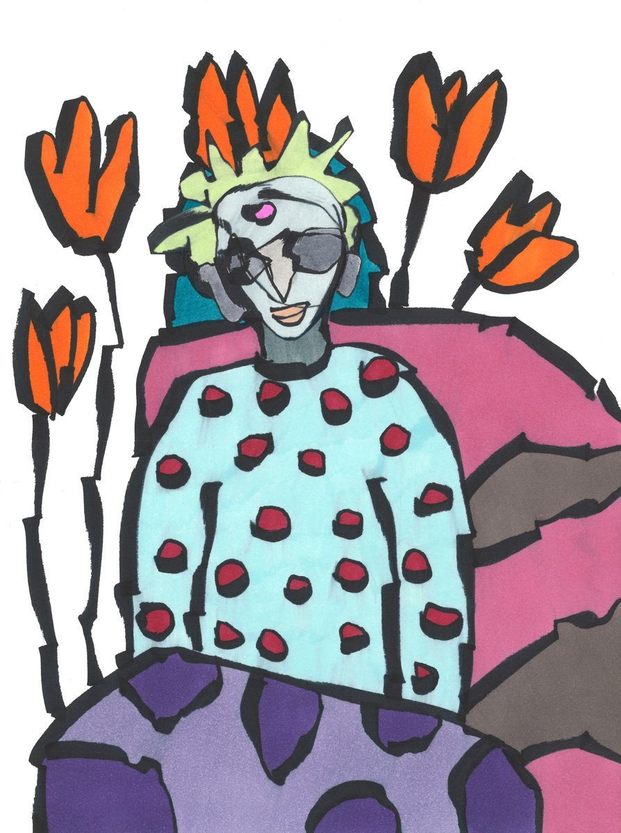 Illustrative Portrait Ink Drawing By Sofi Ginger, 8 X 11", Guardian Of Fiery Buds 1, Original Artwork