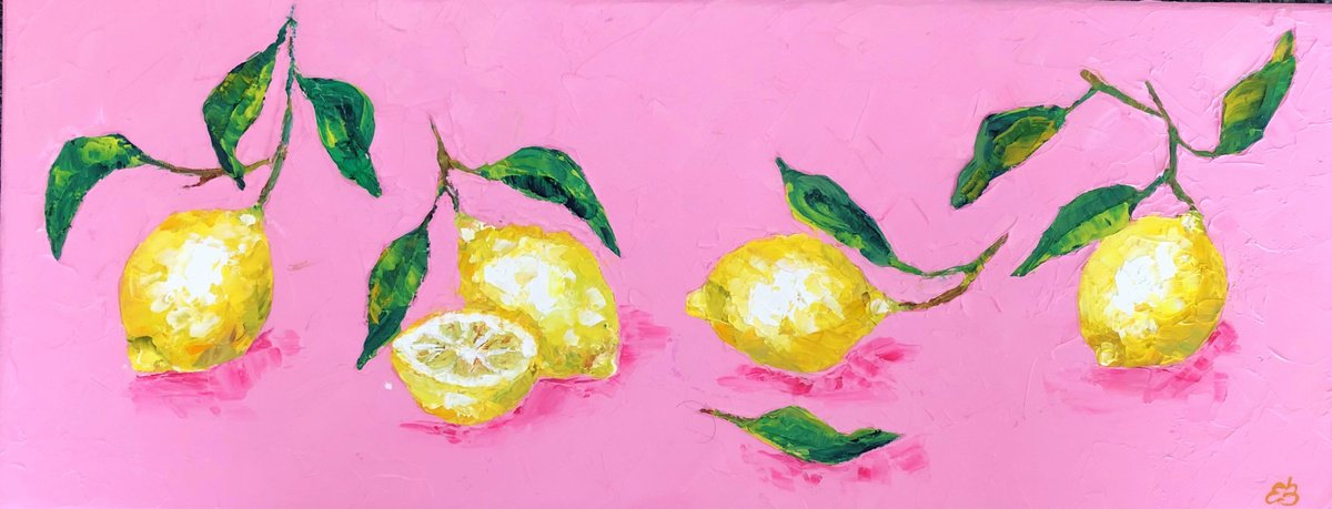 Expressive Botanical Oil Painting By Lena Smirnova, 20 X 8", 4 And A Half Lemons, Original Artwork