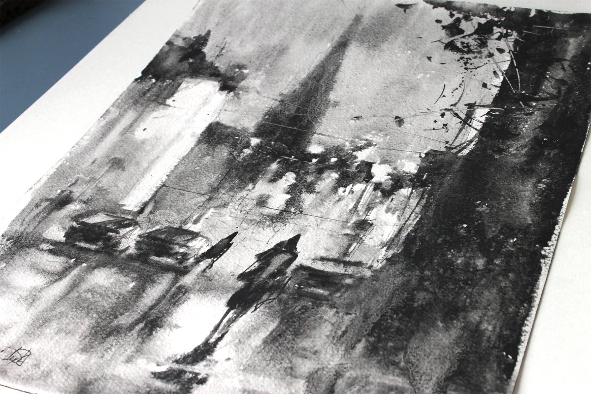 Impressionistic Cityscapes Drawing By Yurii Prysiazhnyi, 12 X 16", Black And White Streets, Original Artwork