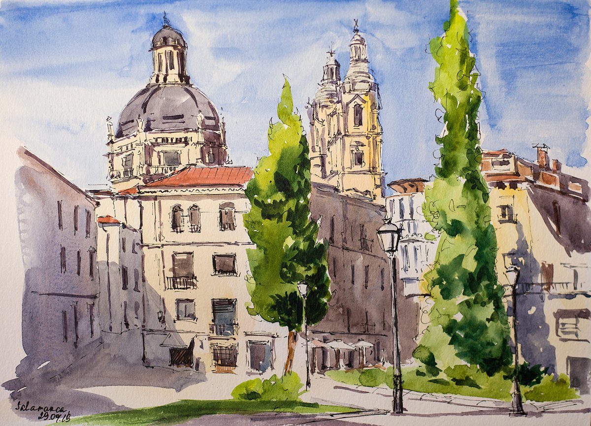 Salamanca. Street sketch. Small original watercolor painting on of a kind  home interior decor gift spain urban city landscape architecture  Watercolour by Sasha Romm