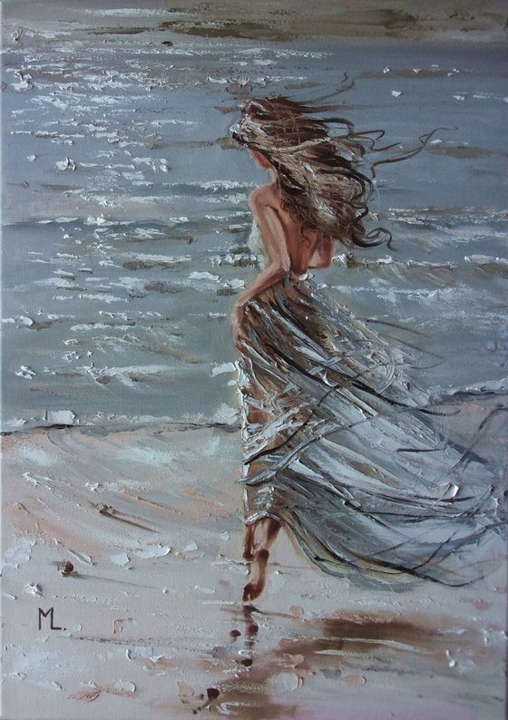 " QUEEN OF THE WIND ... "- SKY SEA SAND liGHt  ORIGINAL OIL PAINTING, GIFT, PALETTE KNIFE