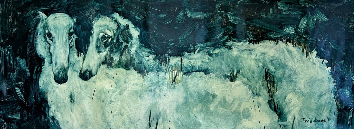 Expressive Animal Oil Painting By Inga Makarova, 59 X 20, White Dogs, Original Artwork