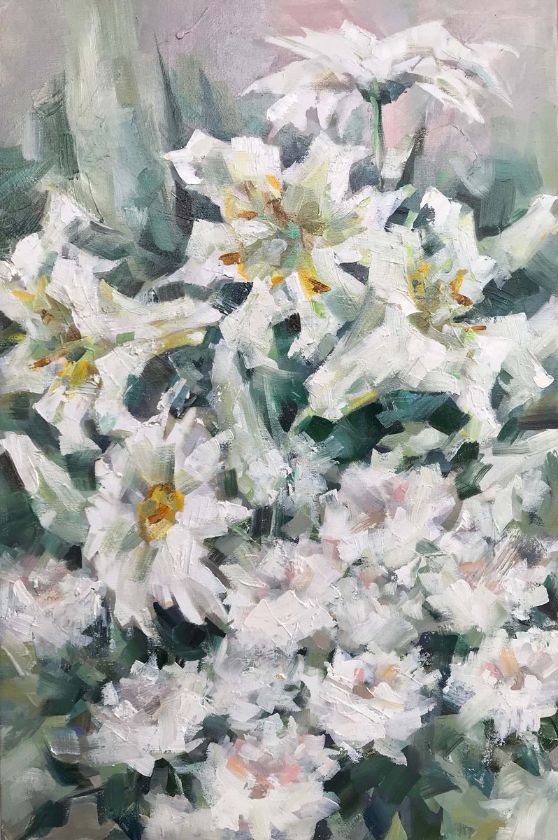 World of white flowers. one of a kind, handmade artwork, original painting. by Galina Poloz