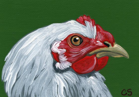 ACEO ATC Original Miniature Painting White  Chicken Farmyard Art-Carla Smale