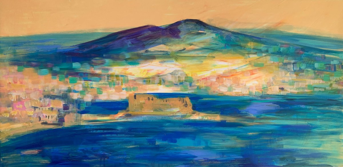 Impressionistic Landscape Acrylic Painting By Olga Pascari, 39 X 20", Napoli With Vesuvius, Original Artwork