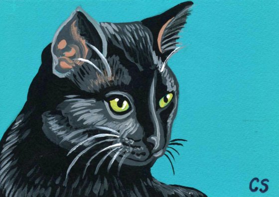 ACEO ATC Original Miniature Painting Black Cat Pet Art-Carla Smale