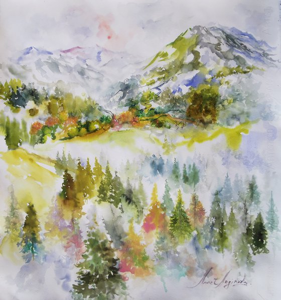 Large original watercolor painting. Landscape art.