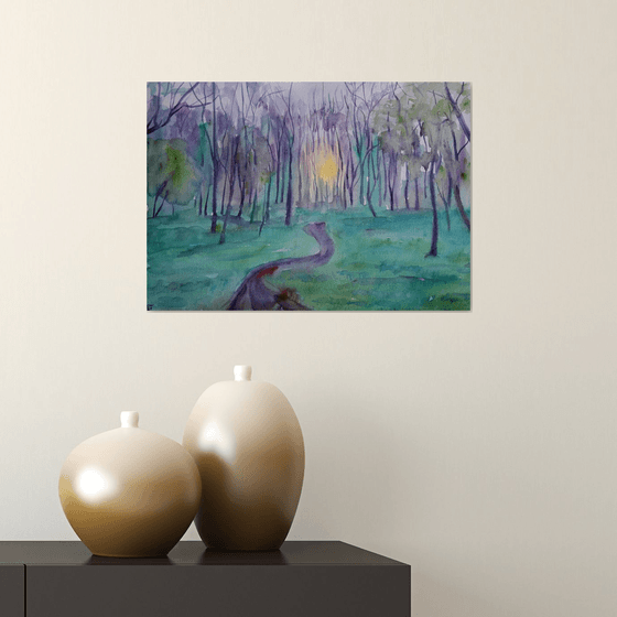 Sunset forest original watercolor painting Sun through trees