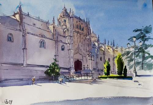 New Cathedral. Salamanca, Spain. Original watercolor. Small urban landscape city travel interior impressionistic mood shadow purple inspiration by Sasha Romm