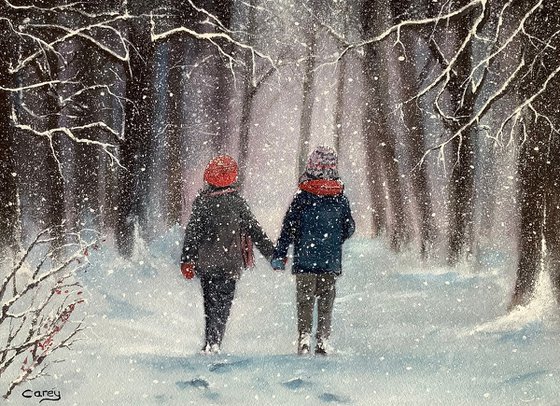 Winter scene, children in the snow
