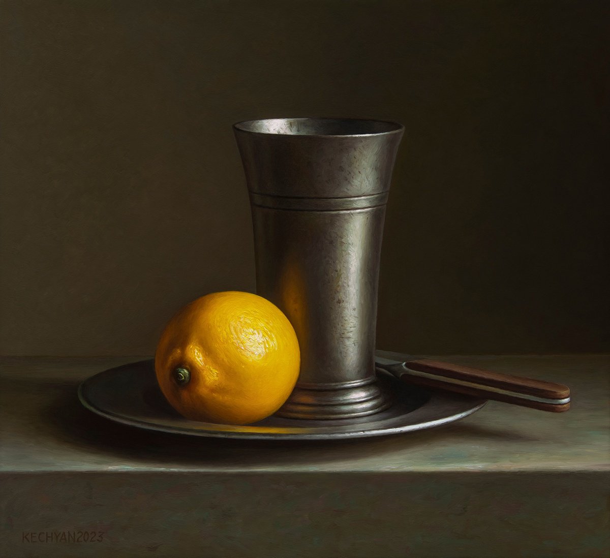 Photorealistic Still Life Oil Painting By Albert Kechyan, 14 X 13, Lemon With A Pewter Beaker, Original Artwork