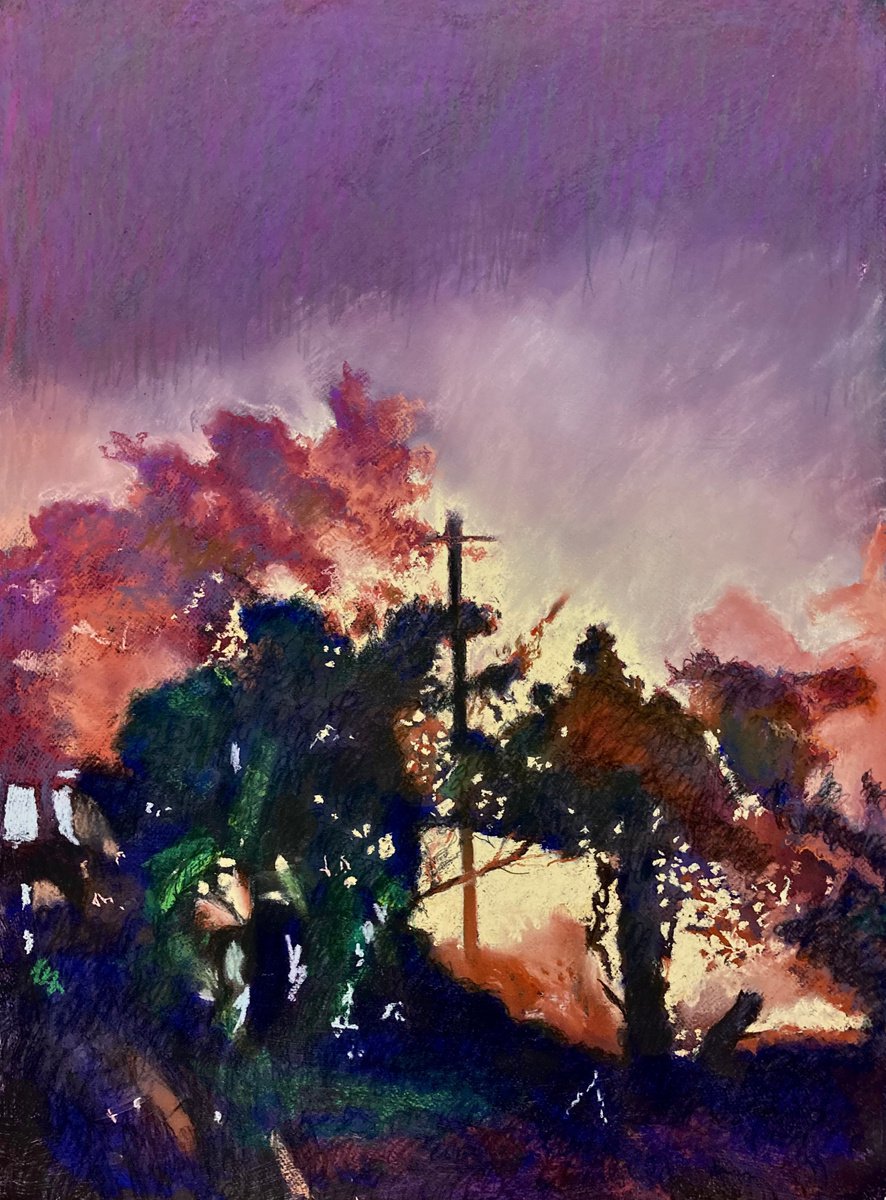 Impressionistic Landscape Pastel Drawing By John Cottee, 22 X 30, Rainy Night Lights, Original Artwork