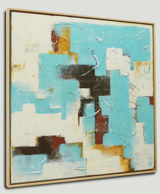 Abstract Painting - White and Turquoise Art - With frame 28J