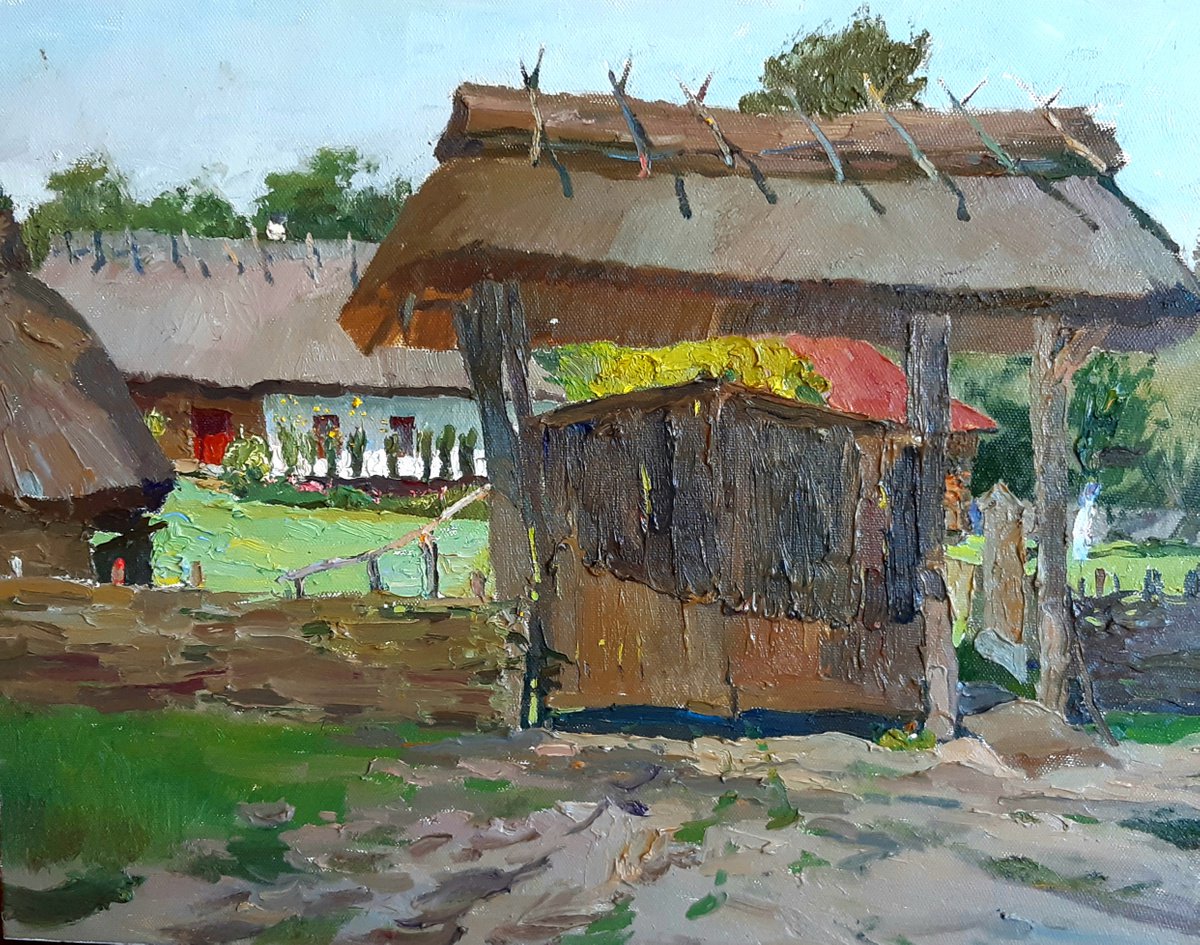 Expressive Landscape Oil Painting By Sergey Kostov, 28 X 22", Sunny Day In A Village, Original Artwork