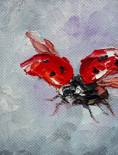 Towards the goal - Oil painting, life of insect, ladybug art, canvas painting, impressionism, palette knife by Anastasia Kozorez
