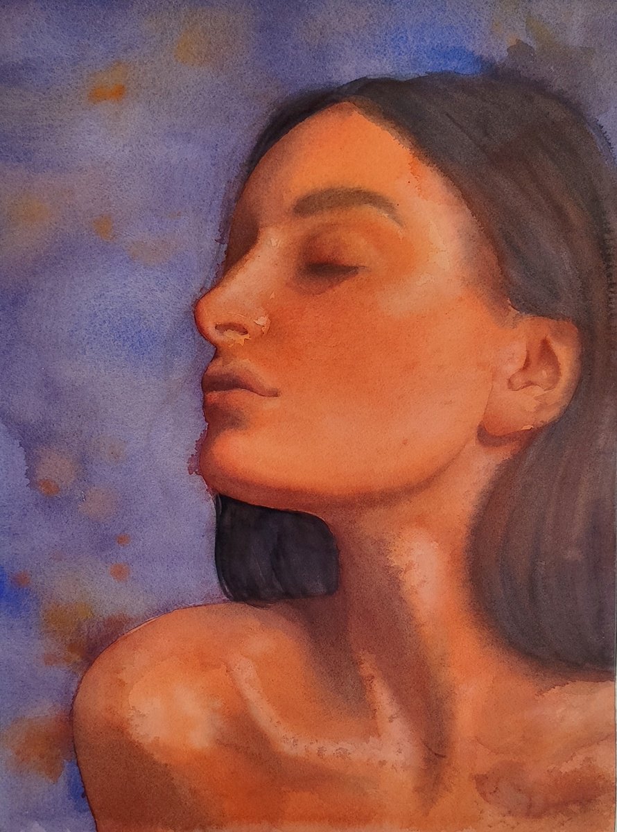 Photorealistic Portrait Watercolour By Zhanna Utkina, 14 X 19", Breath Of Silence, Original Artwork