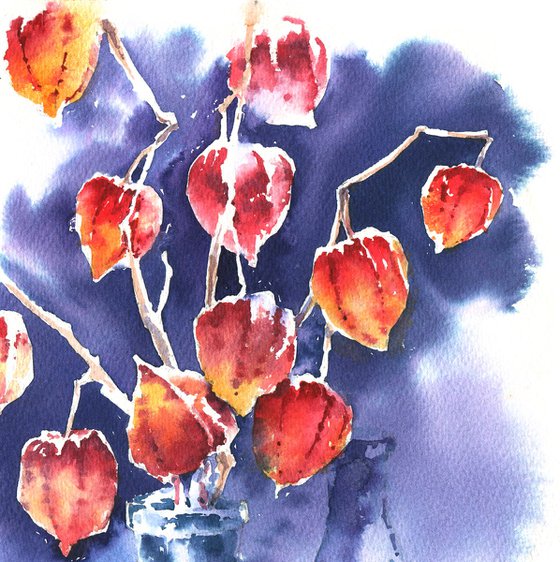 Still life with physalis branches and a book in the garden watercolor