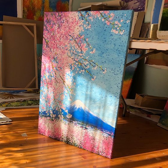 Spring in Japan, pink blooming painting on canvas