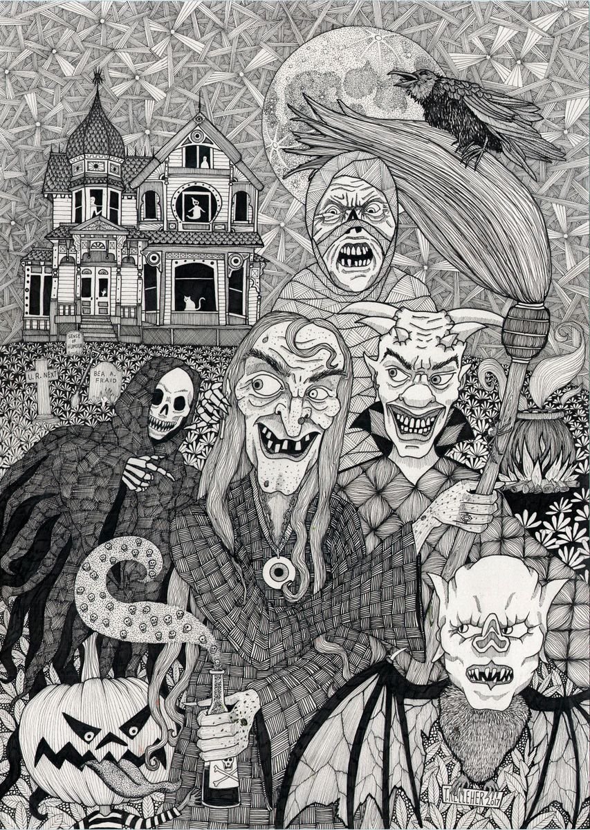 Illustrative Portrait Ink Drawing By Terri Smith, 18 X 24", Witch