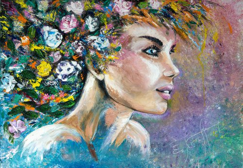 "Summer girl"Original oil painting on canvas,large format 70x100x2 cm by Elena Kraft