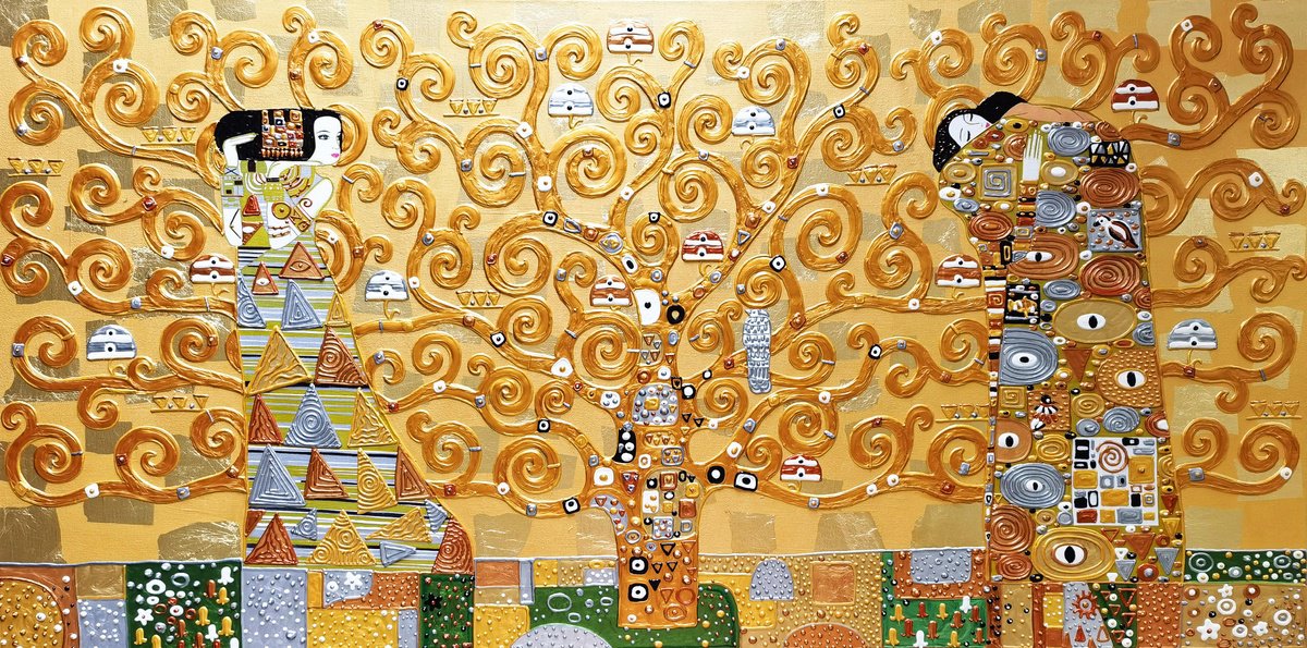 Tree of life. Large relief golden horizontal painting by BAST