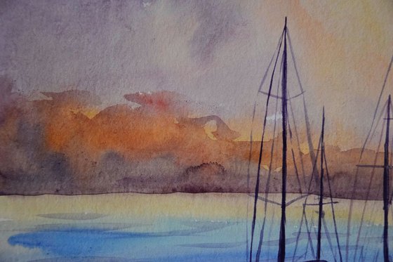 Watercolor painting Ship in Oslo port, Norway fjord