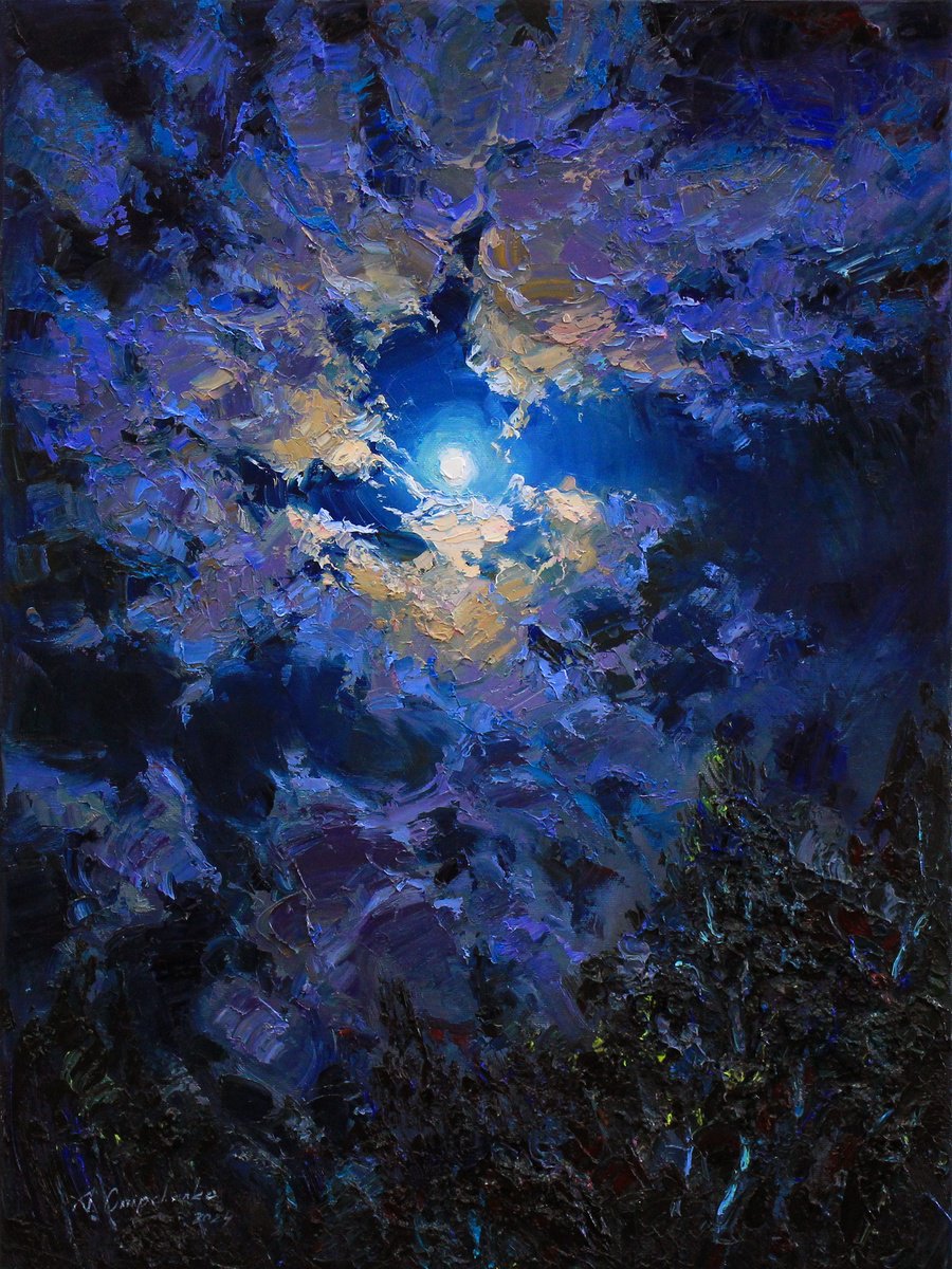 Impressionistic Landscape Oil Painting By Alisa Onipchenko-Cherniakovska, 18 X 24, Full Moon Night Sky Over Trees, Artfinder