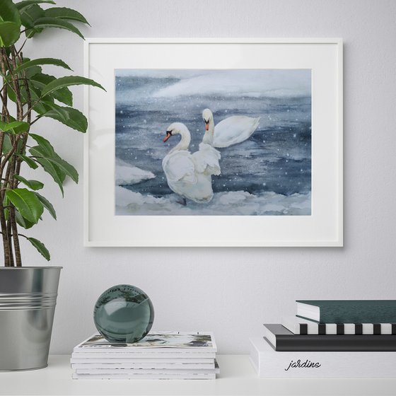 Two Swans - Swans in winter lake - Swan watercolor -  couple of swans- winter