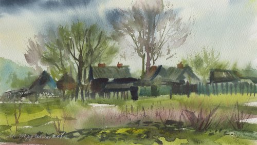 Spring village landscape. Plain air artwork. Watercolour by Marina Trushnikova by Marina Trushnikova