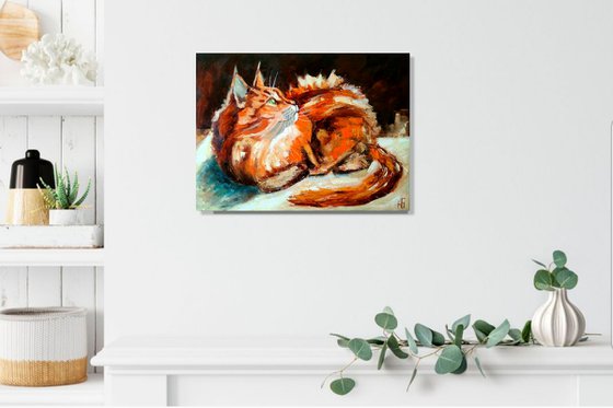 Ginger, Cat Oil Painting Maine Coon Original Art Pet Artwork 40x30 cm, ready to hang.