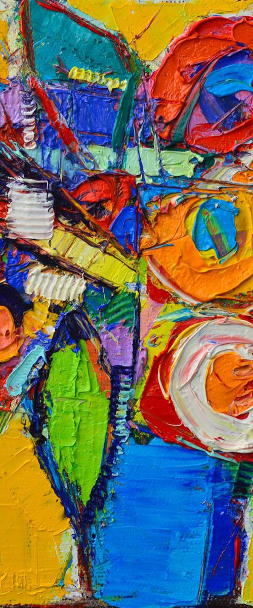 COLOURFUL ABSTRACT FLOWERS  - contemporary floral geometry expressionist gestural impasto palette knife original oil painting by ANA MARIA EDULESCU