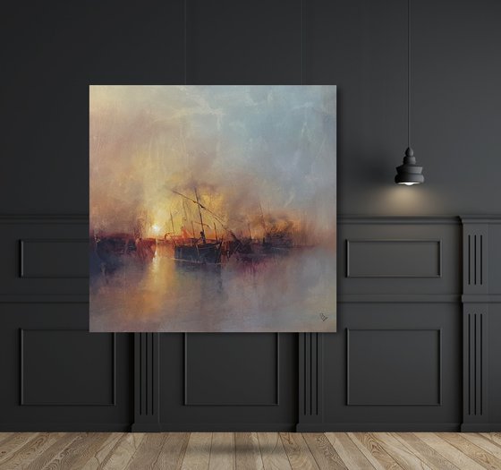 " Harbor of destroyed dreams - Hazy morning " W 70 x H 70 cm