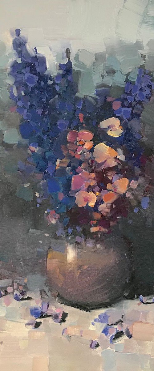 Vase of Blue Flowers, Oil painting, One of a kind, Handmade artwork by Vahe Yeremyan