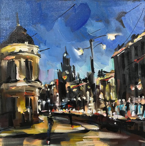 Walk around the city at night.Original oil painting, Handmade artwork.