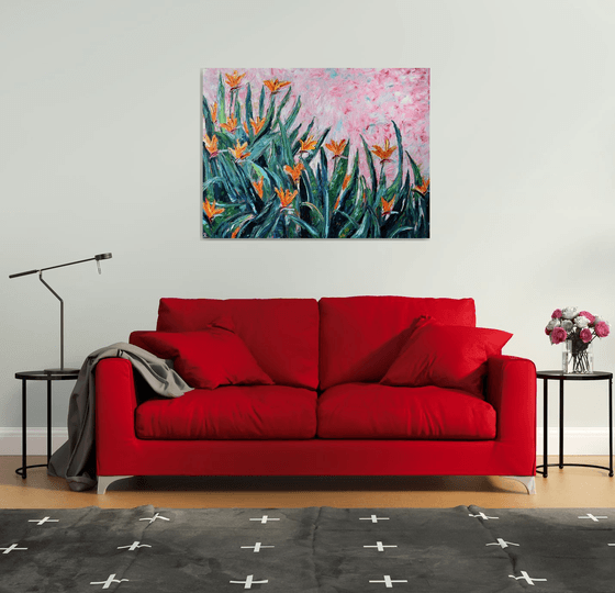 Big original oil painting Flowers Bird of paradise