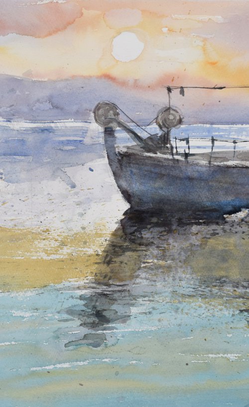 Fishing boat in sunset by Goran Žigolić Watercolors