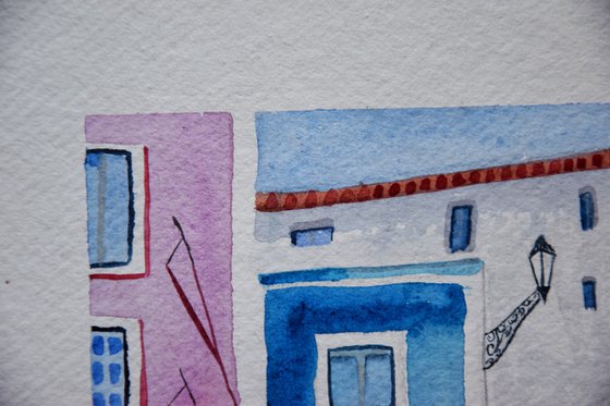 Lisbon small watercolor painting, colorful houses original painting, Portugal cityscape wall art