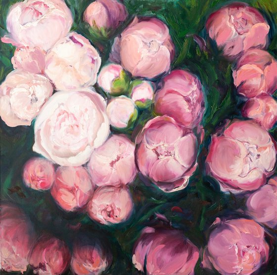 Blossoming Splendor: Pink Peonies Oil on Linen Canvas