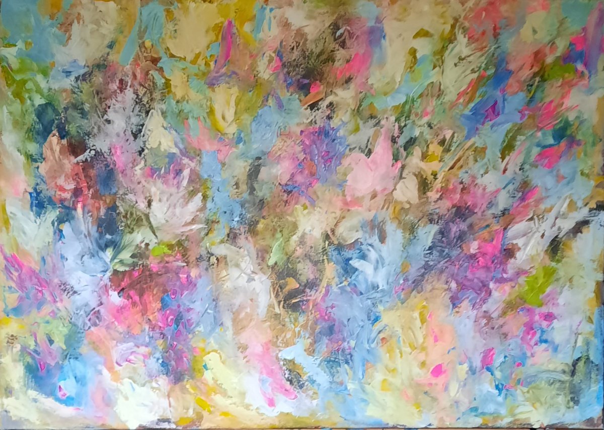 Impressionistic Botanical Acrylic Painting By Els Driesen, 55 X 39, Flowers Of Monet 3, Original Artwork