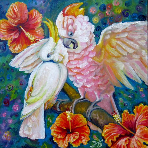 Fell in Love 24X24" Cockatoo Parrots Original Oil Painting Nadia Bykova