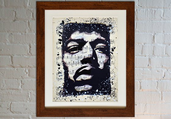 Jimi Hendrix - Collage Art on Vintage Music Sheet Page