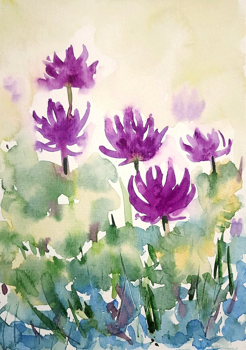 Water lilies 4 Magenta  waterlilies, watercolours Lily pads on paper 5.8x8.3 by Asha Shenoy