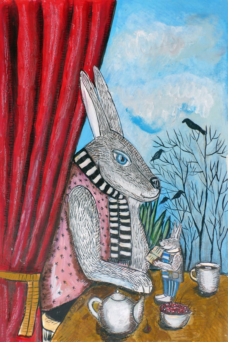 Surrealistic Animal Painting By Elizabeth Vlasova, 12 X 18, Romantic Mood, Original Artwork